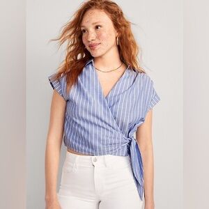 Old Navy Blue and White Striped Wrapped-Front Cropped Oxford Sarong Top
